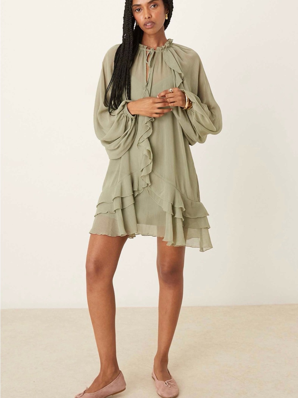 Glamorous Sage Green Ruffle-Tier Mini Dress